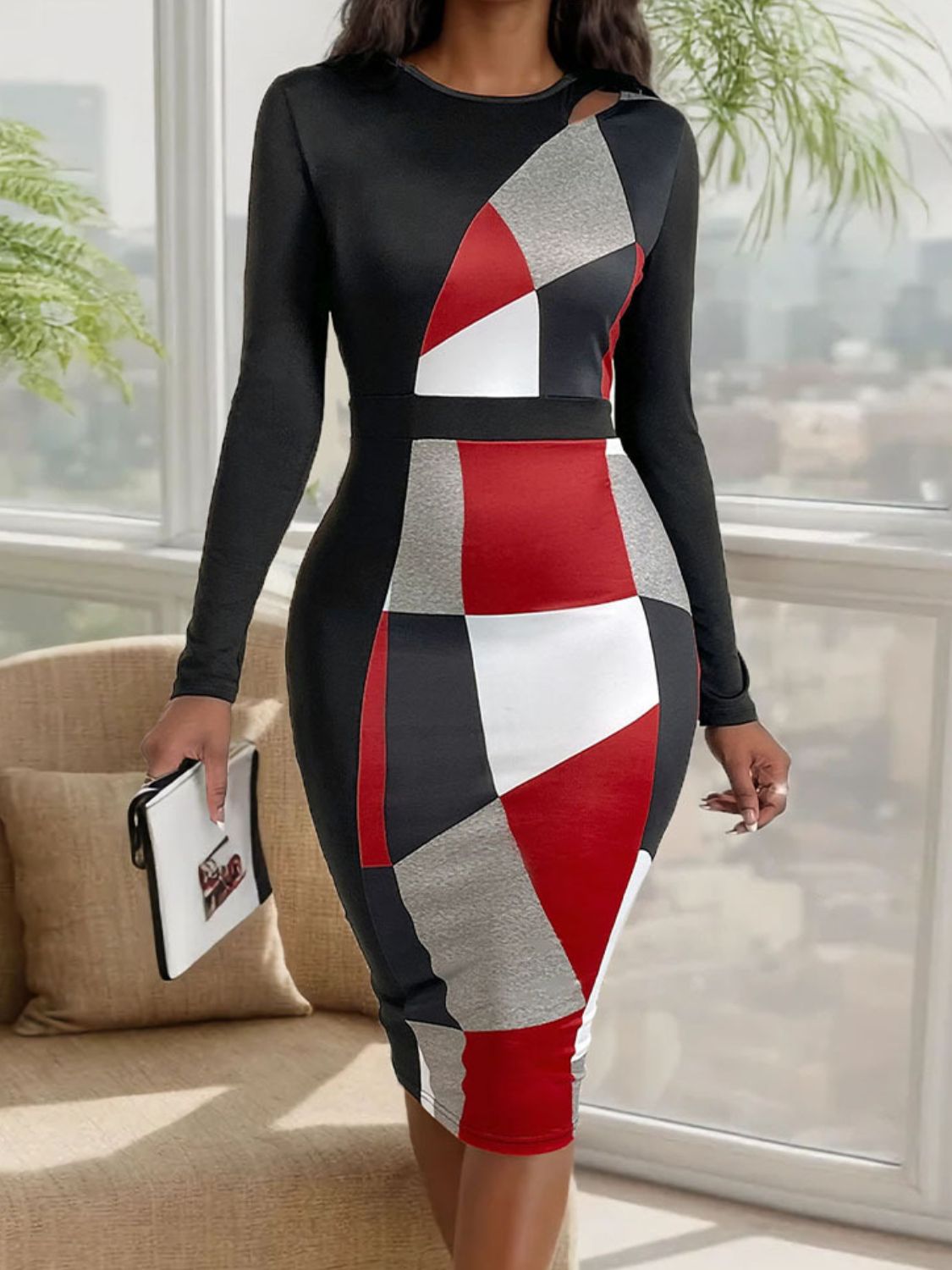 Cutout Color Block Round Neck Long Sleeve Dress Trendsi