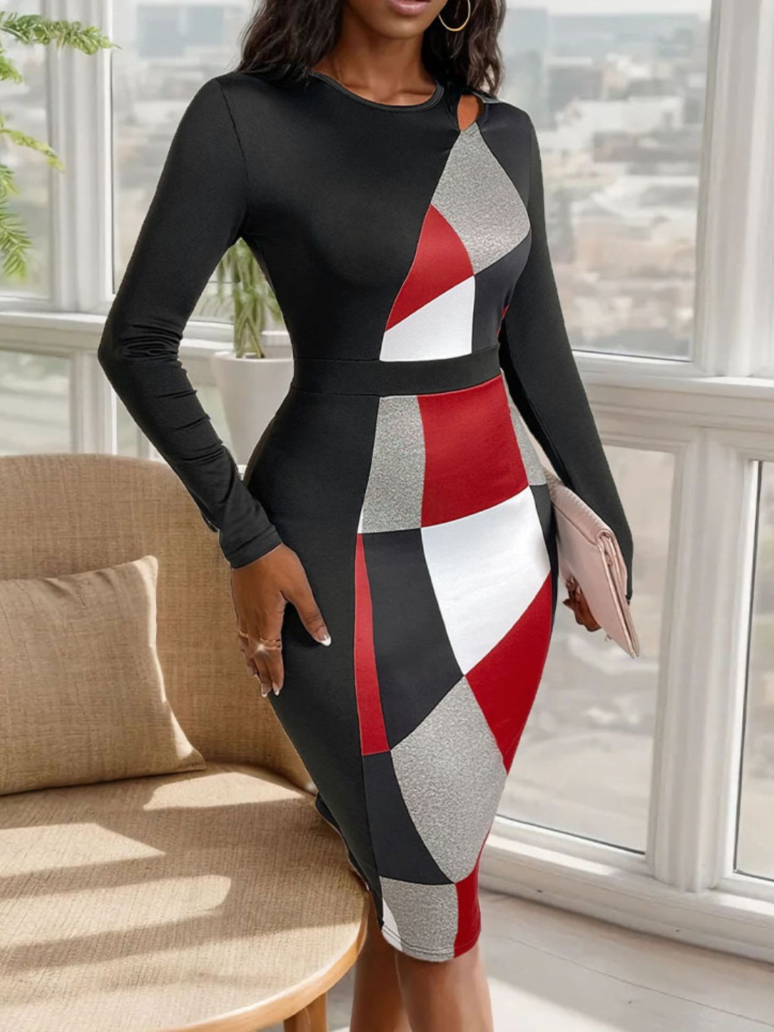 Cutout Color Block Round Neck Long Sleeve Dress Trendsi