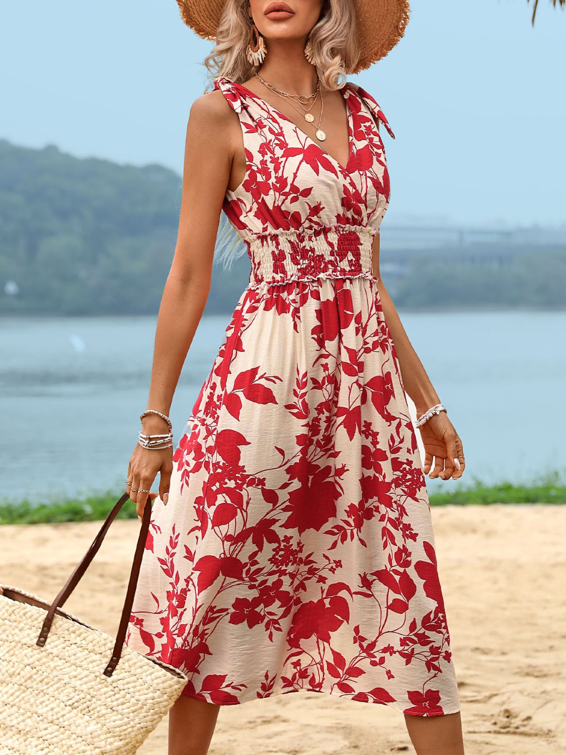 Smocked Printed Surplice Midi Dress Trendsi