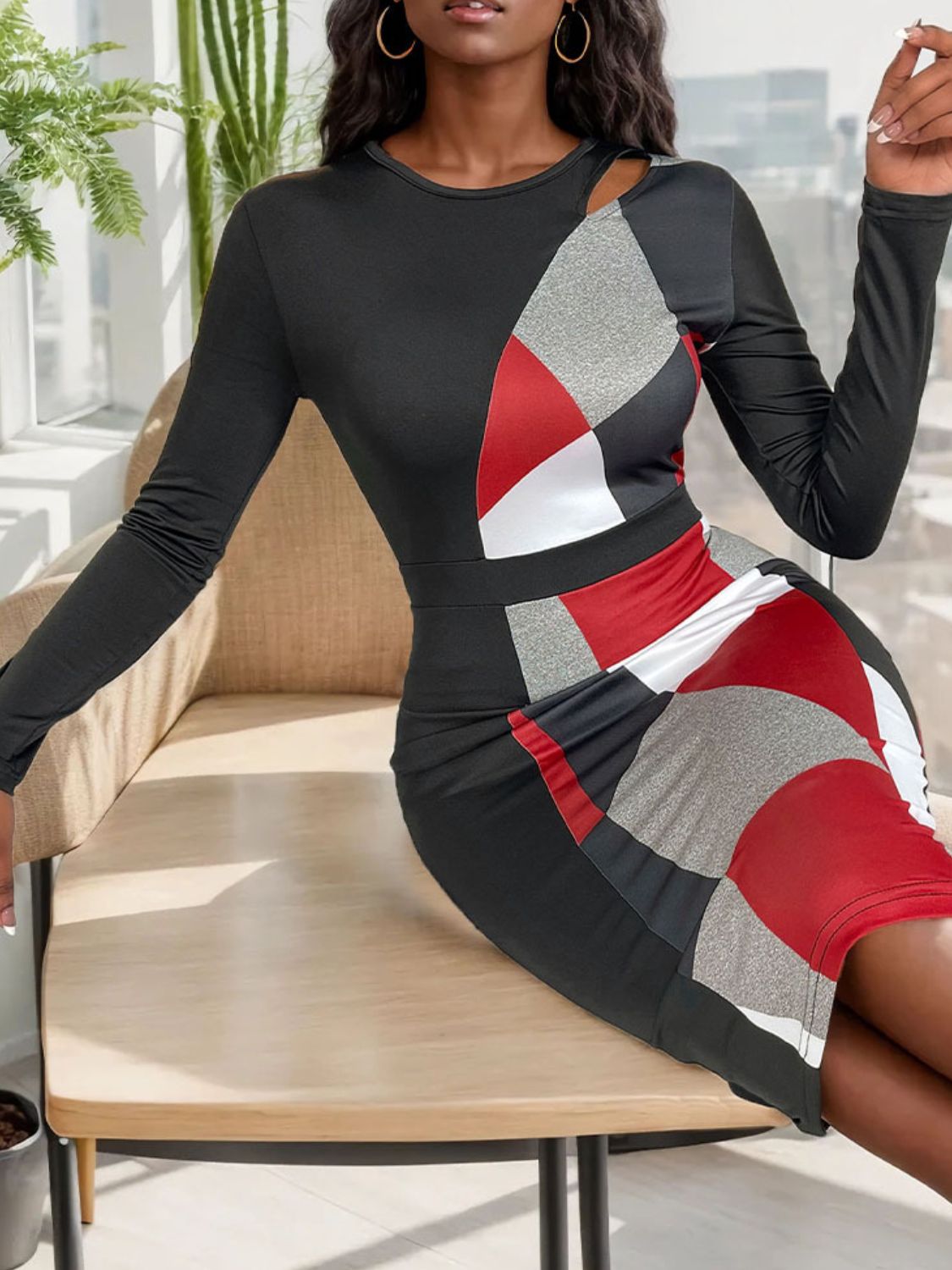 Cutout Color Block Round Neck Long Sleeve Dress Trendsi