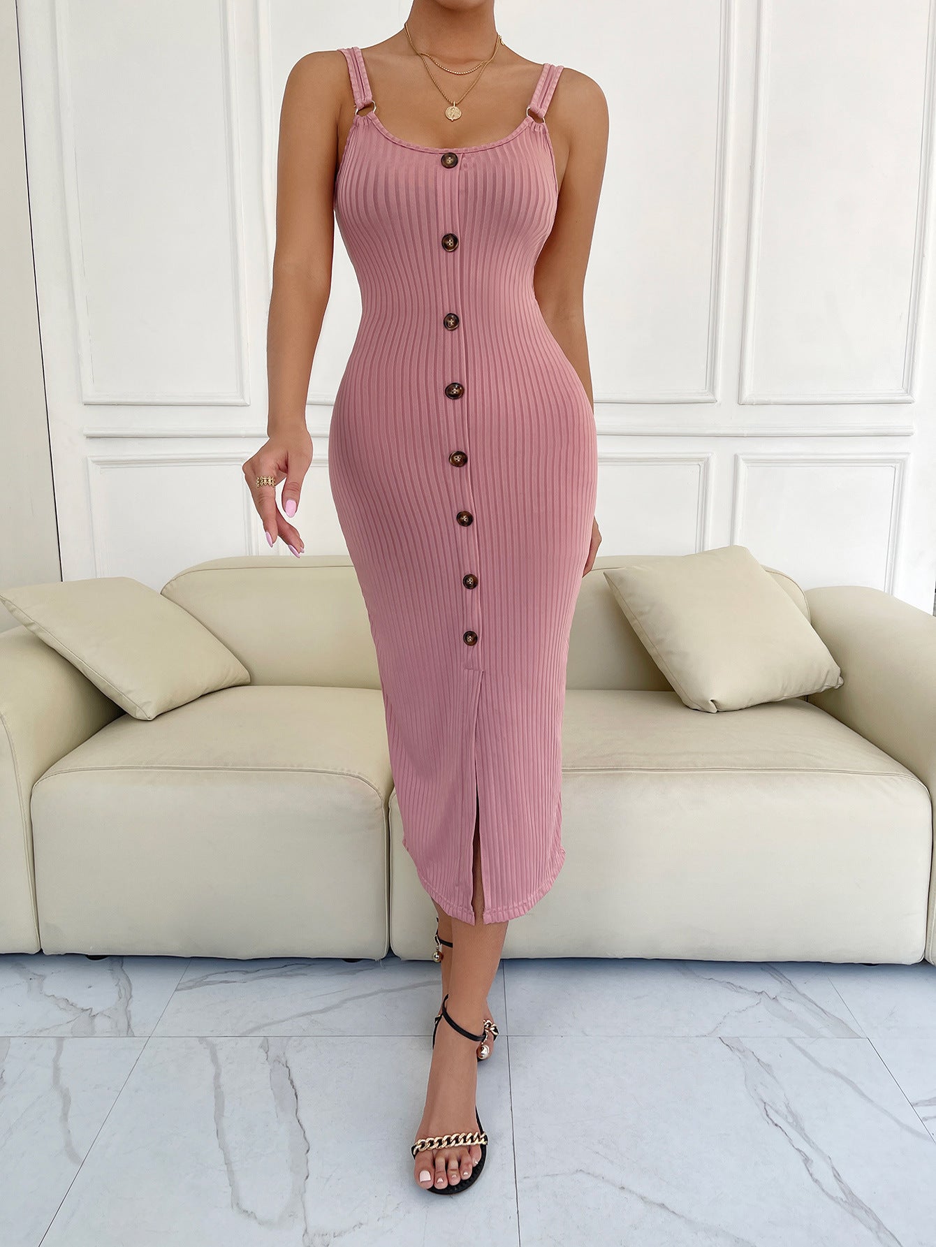 Decorative Button Slit Scoop Neck Sleeveless Dress Trendsi