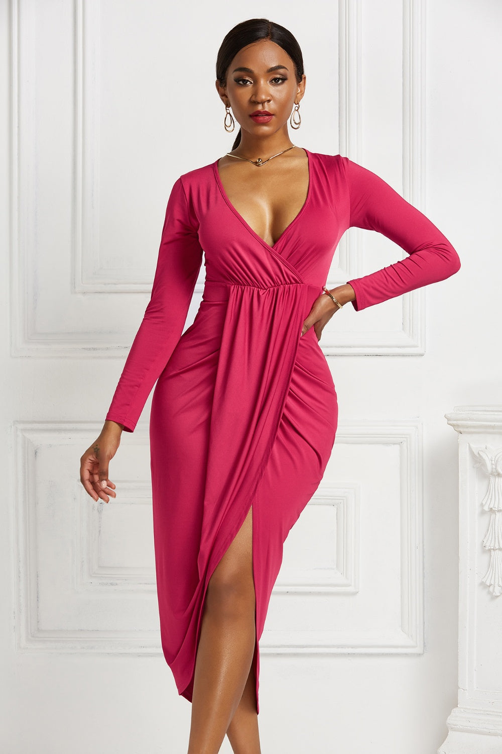 High-low Ruched Surplice Long Sleeve Dress Trendsi