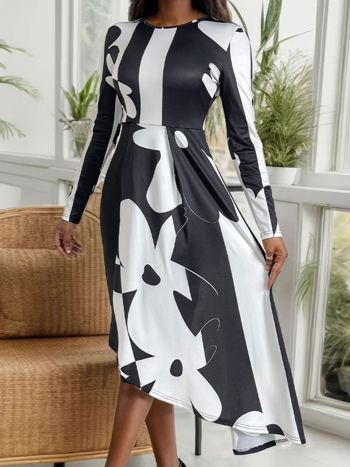 Asymmetrical Slit Round Neck Long Sleeve Midi Dress Trendsi